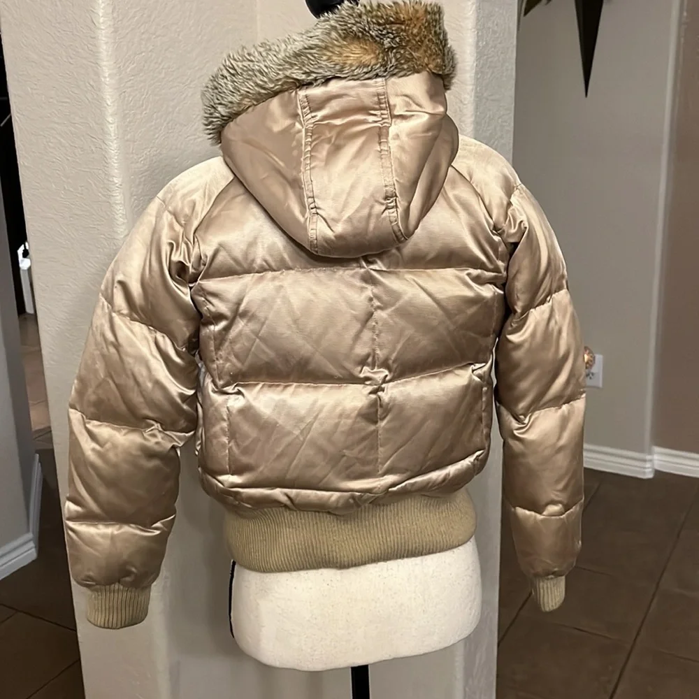 Old Navy tan/gold shiny puffer jacket with faux fur lined hood Size S